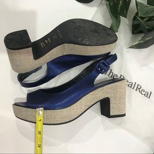 The real real adige blue metallic open toe wedges